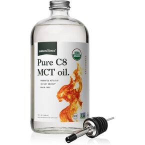 القوة الطبيعية النفط العضوي النقي C8 MCT-زيت MCT السائل في حاوية زجاجة زجاجية-حمض كابيليك مركّز-Keto ، Paleo ، Kosher ، Vegan وغير المعدلة وراثيًا-مختبر تم اختبارها للجودة والنقاء ، 32 أونصة