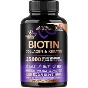 Biotin | الكولاجين | الكيراتين - ملحق تم اختباره سريريًا - دعم نمو الشعر ، الجلد والأظافر - 25000 ميكروغرام فيتامينات B2 و B3 و B6 و B7 + B1 و Hyaluronic - مصنوعة في الولايات المتحدة الأمريكية - النساء والرجال | 60 كبسولات