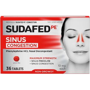 Sudafed PE Sinus Pressure + Pain Relief Tablets, Maximum Strength, Non-Drowsy, OTC Sinus Relief Medicine with Acetaminophen Pain Reliever & Phenylephrine HCl Nasal Decongestant, 24 ct