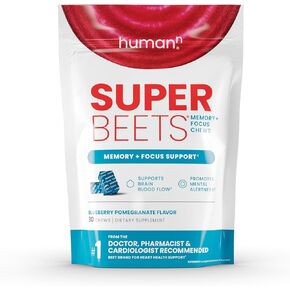 Humann Superbeets مكملات الدماغ للذاكرة والمضغ ، اليقظة العقلية ، nootropics درس سريريًا ، مكملات ريسفيراترول بالإضافة