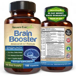 ملحق صيغة Brain Booster 40-in-1 للتركيز والذاكرة والوضوح والطاقة | للرجال والنساء ، الدعم المعرفي nootropic مع DMAE ، صحة الدماغ | (180 كبسولة - توريد 90 يومًا)