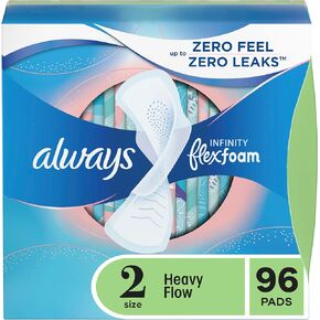 Always Infinity Feminine Pads for Women, Size 2 Regular, with wings, unscented, 46ct