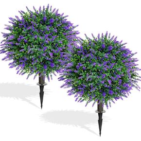 Artificial Cedar Topiary Ball Trees, 2 Set of 16'' UV Resistant Fake Evergreen Shrubs Bushes Plants with Ground Spike Fake Plants for Outdoor Indoor Front Porch Garden