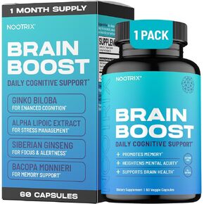 الدماغ تعزيز الملحق nootropic | يدعم الذاكرة ، التركيز العقلي ، الصحة والطاقة المعرفية | يعزز مزاج صحي ووظيفة الدماغ | Ginkgo Biloba و DMAE | 120 كبسولات