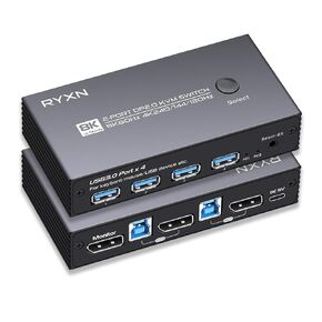 KVM Switch DisplayPort 1 شاشات 2 جهاز كمبيوتر، DP KVM Switch Share أجهزة USB 2.0 مع 3 موزع USB لـ 4K@60 هرتز، 2K@144 هرتز، 2K@120 هرتز، مع مفتاح التحكم في التمديد، 3 كابل DP 1.4