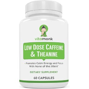 VitaMonk Low Dose Caffeine and Theanine - No Jitters, No Crash- Microdose of Caffeine L Theanine Pills with Caffeine Theanine and Theobromine - 25mg of Caffeine, Caffeine Pills L Theanine - 60 Caps