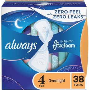 Always Infinity Feminine Pads for Women, Size 4 Overnight Absorbency, Multipack, with Flexfoam, with Wings, Unscented, 26 Count x 3 Packs (78 Count Total)