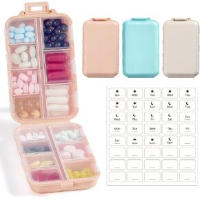 3 Pack, 14 GRIDS Travel Pill Organizer Box with Labels - Travel Medicine Case Kit - Pocket Daily Pharmacy Container - Travel Medication Holder Dispenser for Fish Oil Vitamin Supplement Storage