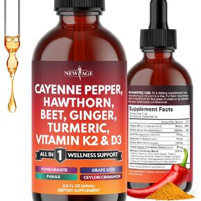 Cayenne Pepper Supplement Liquid Drops + Hawthorn Berry, Vitamin D3 K2 Beet Root Powder, Ceylon Cinnamon, Turmeric Curcumin, Organic Panax Ginseng - 4oz