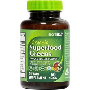 HealthA2Z® Organic Superfood Greens | 60 Tablets | Greens Blend 720mg | Fruits & Veggies Blend 580mg | Alfalfa, Broccoli, Spinach, Spirulina, Apple, Beet Root, Strawberry & Much More!