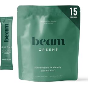 Beam Greens Powder, Superfood Supplement for Gut Health, Vegan Organic Blend with Ashwagandha, Vitamin C, B12, B6, D, Non-GMO Daily Detox & Immune Support, Strawberry Kiwi Flavor, 15 Servings