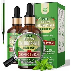 Organic Chlorophyll Liquid Drops Liposomal for Women & Men, 6-in-1 Greens Superfood Vegan Chlorophyll w/Spirulina, Wheat Grass, Vitamin C B12 A for Internal Deodorant*, Energy,Digestive,2Packs/4 Fl Oz