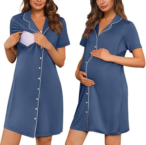 Labor and Delivery Gown Birthing Maternity Pajamas Nightgown Nursing Dress | Breastfeeding dress button design short sleeves labor and delivery hospital stay postpartum nights and home lounging in Saudi Arabia