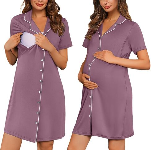 Labor and Delivery Gown Birthing Maternity Pajamas Nightgown Nursing Dress | Breastfeeding dress button design short sleeves labor and delivery hospital stay postpartum nights and home lounging in Saudi Arabia