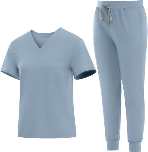 مجموعة الدعك الطبية للنساء - سراويل كلاسيكية V -Neck Top & Jogger مع بدلة فرك موحدة التمريض in Kuwait