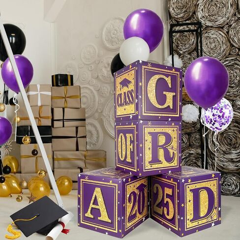 2025 زخارف التخرج من فئة الأرجواني والذهبي من 2025 صناديق بالون ديكور مع "Grad" و "Class of 2025" مربعات التخرج لإعلانات المدارس الثانوية والكلية خريج in Kuwait