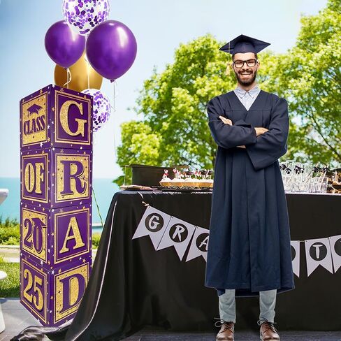 2025 زخارف التخرج من فئة الأرجواني والذهبي من 2025 صناديق بالون ديكور مع "Grad" و "Class of 2025" مربعات التخرج لإعلانات المدارس الثانوية والكلية خريج in Kuwait