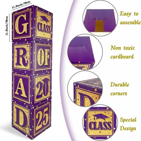 2025 زخارف التخرج من فئة الأرجواني والذهبي من 2025 صناديق بالون ديكور مع "Grad" و "Class of 2025" مربعات التخرج لإعلانات المدارس الثانوية والكلية خريج in Kuwait