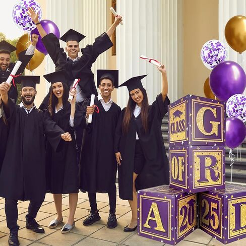 2025 زخارف التخرج من فئة الأرجواني والذهبي من 2025 صناديق بالون ديكور مع "Grad" و "Class of 2025" مربعات التخرج لإعلانات المدارس الثانوية والكلية خريج in Kuwait
