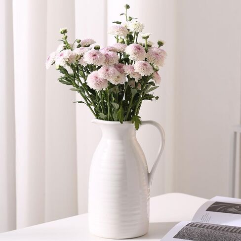 HJN Farmhouse Pitcher Vase for Flowers- إبريق من السيراميك مزهرية زهرة بيضاء لمطبخك/ديكور المنزل/مكتب/غرفة معيشة/رف الكتب/mantel/-hite in Kuwait