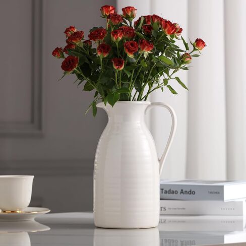 HJN Farmhouse Pitcher Vase for Flowers- إبريق من السيراميك مزهرية زهرة بيضاء لمطبخك/ديكور المنزل/مكتب/غرفة معيشة/رف الكتب/mantel/-hite in Kuwait