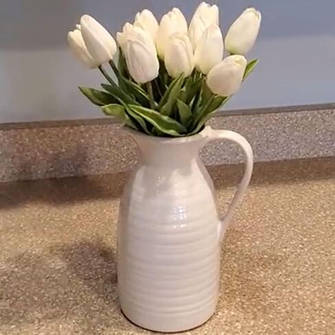 HJN Farmhouse Pitcher Vase for Flowers- إبريق من السيراميك مزهرية زهرة بيضاء لمطبخك/ديكور المنزل/مكتب/غرفة معيشة/رف الكتب/mantel/-hite in Kuwait