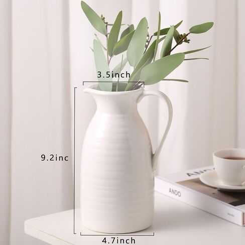 HJN Farmhouse Pitcher Vase for Flowers- إبريق من السيراميك مزهرية زهرة بيضاء لمطبخك/ديكور المنزل/مكتب/غرفة معيشة/رف الكتب/mantel/-hite in Kuwait