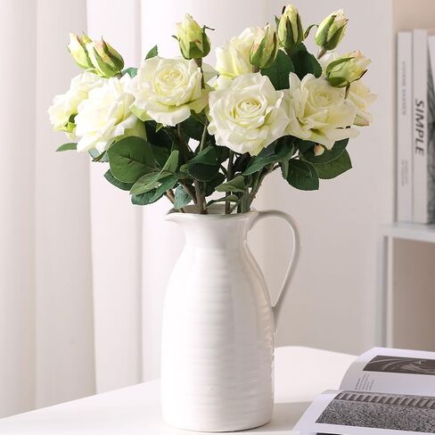 HJN Farmhouse Pitcher Vase for Flowers- إبريق من السيراميك مزهرية زهرة بيضاء لمطبخك/ديكور المنزل/مكتب/غرفة معيشة/رف الكتب/mantel/-hite in Kuwait