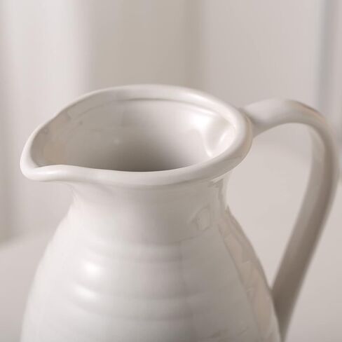 HJN Farmhouse Pitcher Vase for Flowers- إبريق من السيراميك مزهرية زهرة بيضاء لمطبخك/ديكور المنزل/مكتب/غرفة معيشة/رف الكتب/mantel/-hite in Kuwait
