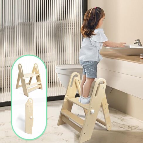 WOOD CITY Toddler Step Stool Foldable for Bathroom Sink, Adjustable 2 Step Stool Toilet Potty Training Stool with Handles,Child Kitchen Counter Stool Helper, Montessori Kitchen Stools (White) in Kuwait