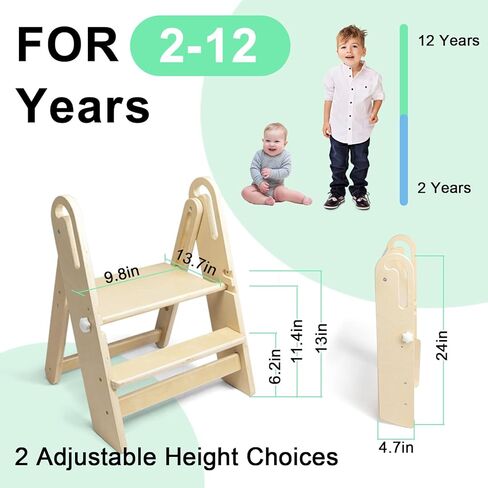 WOOD CITY Toddler Step Stool Foldable for Bathroom Sink, Adjustable 2 Step Stool Toilet Potty Training Stool with Handles,Child Kitchen Counter Stool Helper, Montessori Kitchen Stools (White) in Kuwait