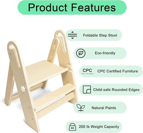 WOOD CITY Toddler Step Stool Foldable for Bathroom Sink, Adjustable 2 Step Stool Toilet Potty Training Stool with Handles,Child Kitchen Counter Stool Helper, Montessori Kitchen Stools (White) in Kuwait