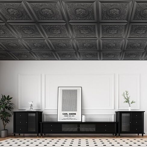WOWSTAR 12-Pack 24"x24" Drop Ceiling Tiles, Waterproof Glue Up Vintage Style 3D Ceiling Tiles, Black in Kuwait