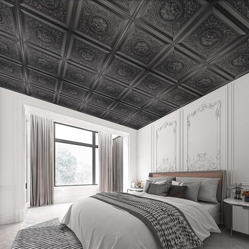WOWSTAR 12-Pack 24"x24" Drop Ceiling Tiles, Waterproof Glue Up Vintage Style 3D Ceiling Tiles, Black in Kuwait