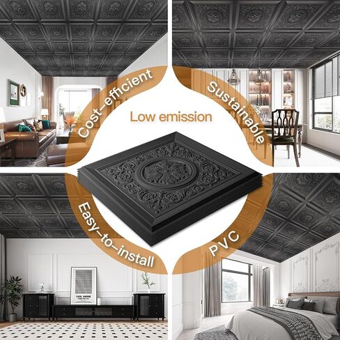 WOWSTAR 12-Pack 24"x24" Drop Ceiling Tiles, Waterproof Glue Up Vintage Style 3D Ceiling Tiles, Black in Kuwait