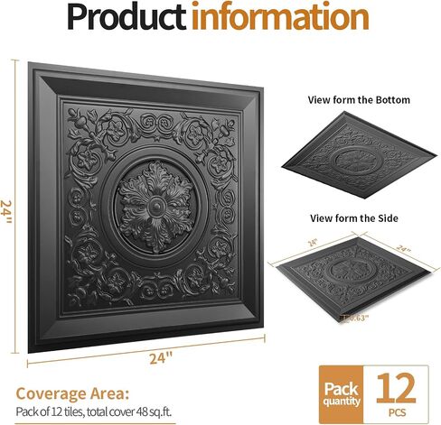 WOWSTAR 12-Pack 24"x24" Drop Ceiling Tiles, Waterproof Glue Up Vintage Style 3D Ceiling Tiles, Black in Kuwait