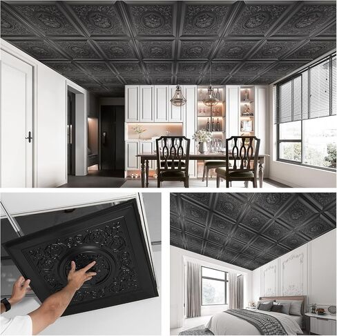 WOWSTAR 12-Pack 24"x24" Drop Ceiling Tiles, Waterproof Glue Up Vintage Style 3D Ceiling Tiles, Black in Kuwait