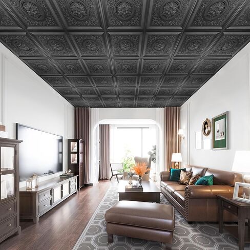 WOWSTAR 12-Pack 24"x24" Drop Ceiling Tiles, Waterproof Glue Up Vintage Style 3D Ceiling Tiles, Black in Kuwait