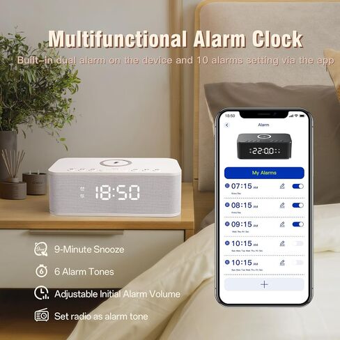 Dual Alarm Clock Radio Bedroom, Digital Alarm Clocks Bedrooms Bluetooth, Up to 10 Bedroom Alarms Clock White Noise 23 Soothing Sounds App/Button Control Snooze 12/24H FM Speaker Charging, Black in Saudi Arabia
