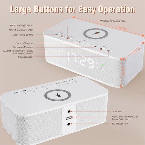 Dual Alarm Clock Radio Bedroom, Digital Alarm Clocks Bedrooms Bluetooth, Up to 10 Bedroom Alarms Clock White Noise 23 Soothing Sounds App/Button Control Snooze 12/24H FM Speaker Charging, Black in Saudi Arabia