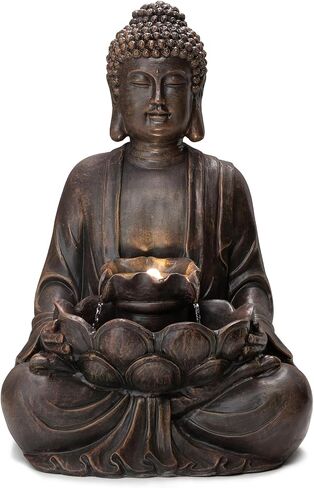 Glitzhome Zen Style تأمل بوذا تم تمثال النافورة بوليريسين ديكور في الهواء الطلق مع المضخة وضوء LED ، 23.25 " in Kuwait