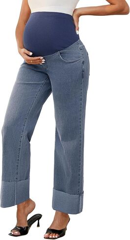 Women Maternity Jeans Straight Leg Cuffed Hem Stretchy Over The Belly Support Pregnancy Denim Pants in Kuwait