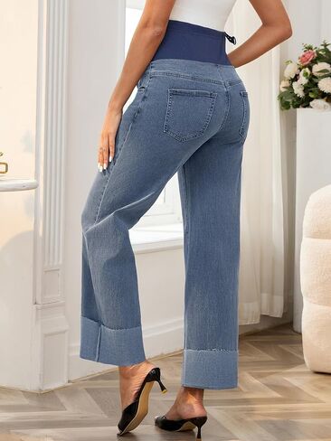 Women Maternity Jeans Straight Leg Cuffed Hem Stretchy Over The Belly Support Pregnancy Denim Pants in Kuwait