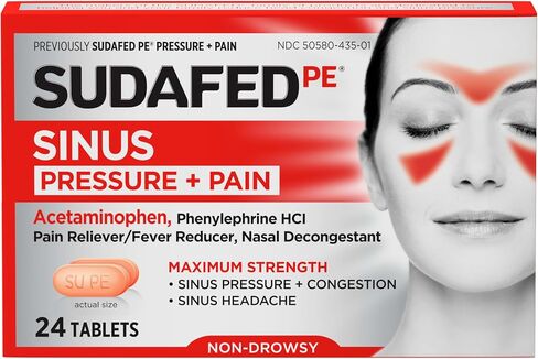 Sudafed PE Sinus Pressure + Pain Relief Tablets, Maximum Strength, Non-Drowsy, OTC Sinus Relief Medicine with Acetaminophen Pain Reliever & Phenylephrine HCl Nasal Decongestant, 24 ct in Saudi Arabia