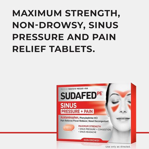 Sudafed PE Sinus Pressure + Pain Relief Tablets, Maximum Strength, Non-Drowsy, OTC Sinus Relief Medicine with Acetaminophen Pain Reliever & Phenylephrine HCl Nasal Decongestant, 24 ct in Saudi Arabia