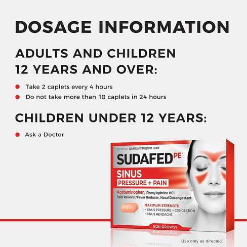 Sudafed PE Sinus Pressure + Pain Relief Tablets, Maximum Strength, Non-Drowsy, OTC Sinus Relief Medicine with Acetaminophen Pain Reliever & Phenylephrine HCl Nasal Decongestant, 24 ct in Saudi Arabia