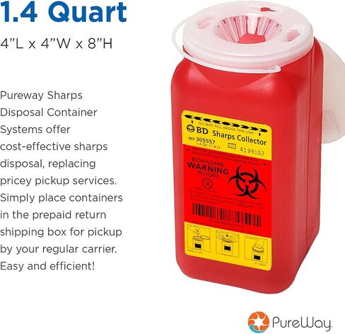 MailBack 1.4 Quart PureWay Sharps Container Disposal System - [PrePaid Return Label Included] for Home, Travel, Professional, and Personal Use in Saudi Arabia