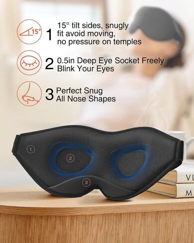 Sleep Mask for Side Sleeper, Eye Mask for Sleeping Women Men, 3D Contoured Cup No Eye Pressure 100% Light Blocking Sleeping Mask with Adjustable Strap Night Blindfold Flight, Travel, Nap, Black in Saudi Arabia
