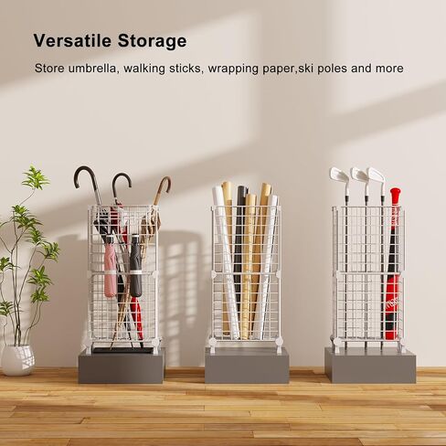 AWTATOS Umbrella Holder Entryway, Umbrella Stand Freestanding, Metal Square Umbrella Rack Organizer with a Removable Drip Tray, Hooks, Black in Saudi Arabia