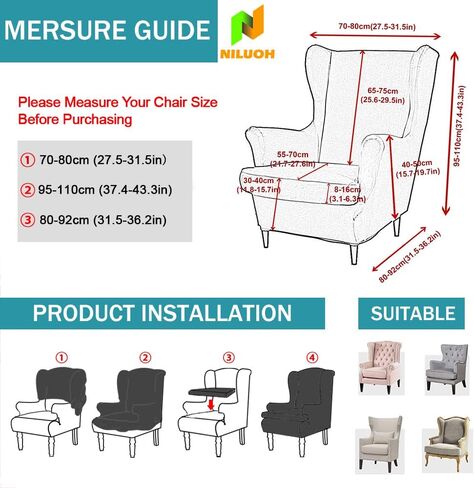Wing Chair Slipcovers 2 Pieces Stretch Spandex Wingback Chair Covers Sofa Slipcover Printing Wingback Armchair Slipcovers Furniture Protector Couch Soft with Elastic Bottom for Wingback Chairs,12 in Kuwait
